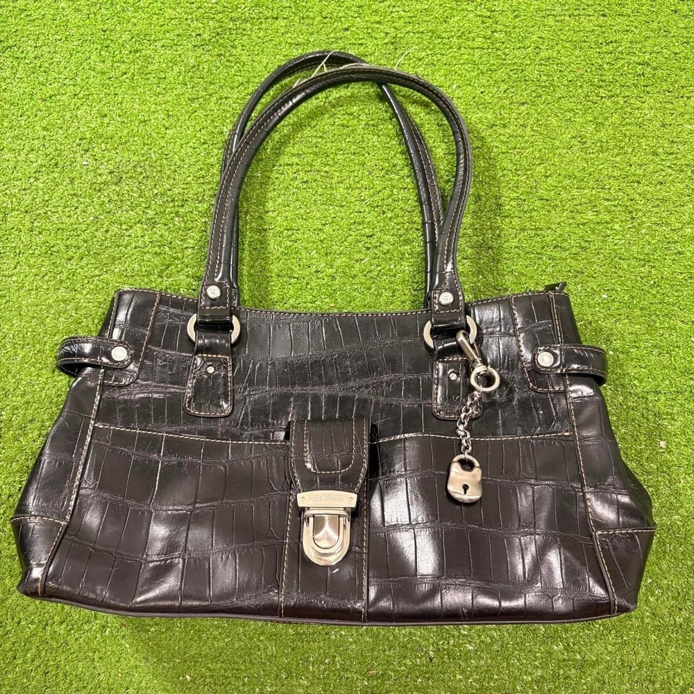 Liz Claiborne Black Crocodile Embossed Faux Leather Shoulder Bag Charm Lock